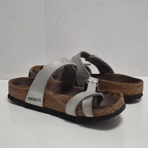 Birkenstock Mayari Sandals Womens  US 5.0 -5.5 Silver Leather Toe Loop Cork Sole - Picture 3 of 7